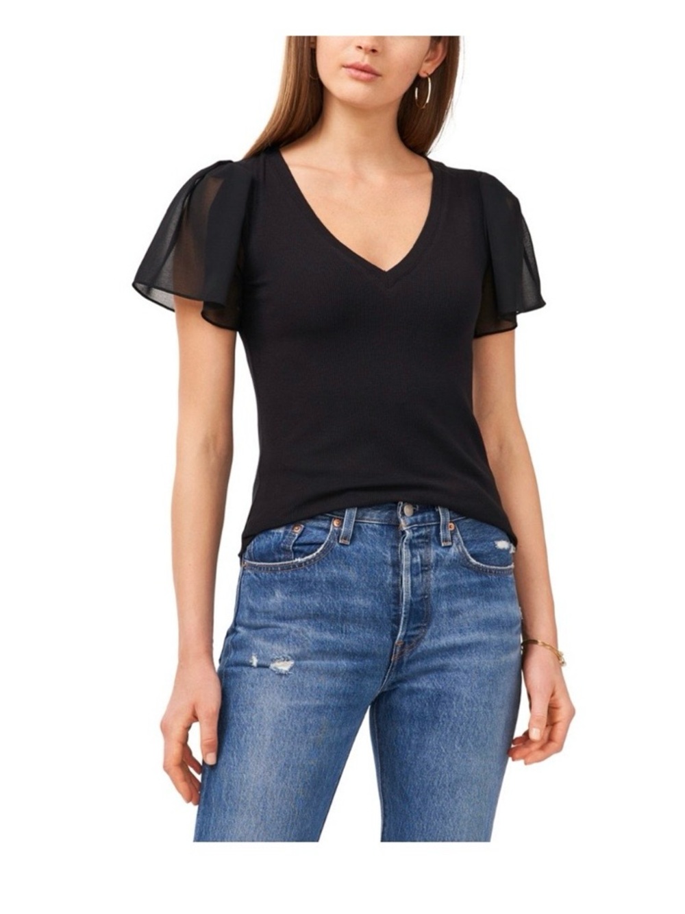 1. State Black V-Neck Sheer Flutter Sleeve Top